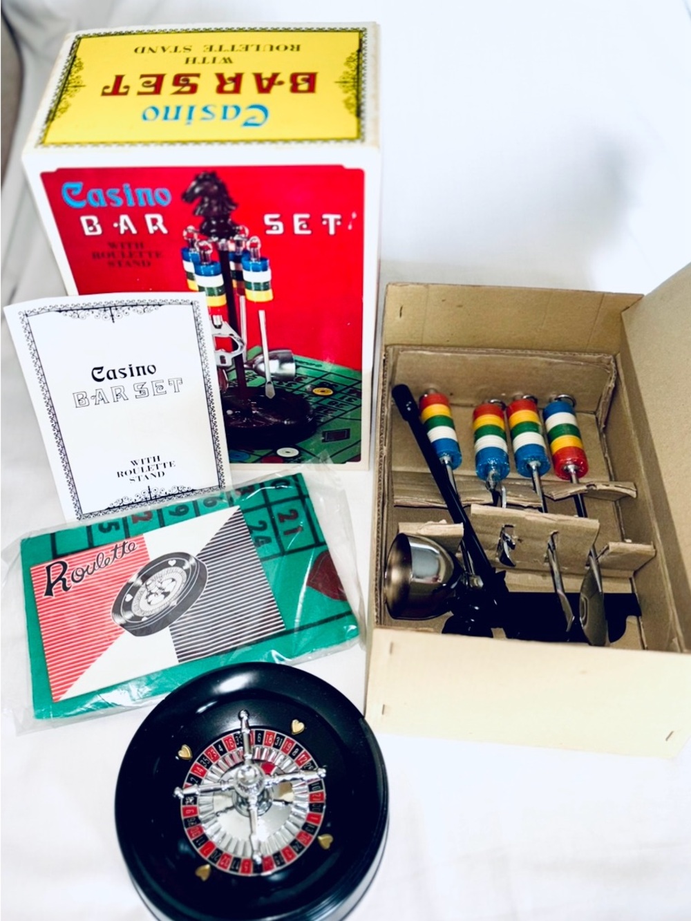Vintage Bar Set Casino Roulette Wheel 1960s Made in Japan Complete New Unused